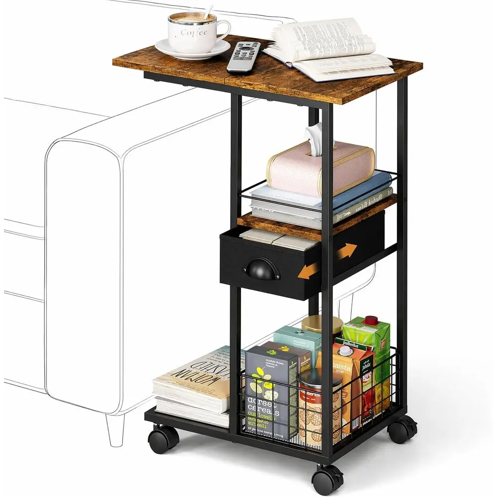 C Shaped Side Table with Wheels, Rolling Small Coffee Table, Portable TV Tray Table or Couch, Bed Table with Storage, Narrow Nig