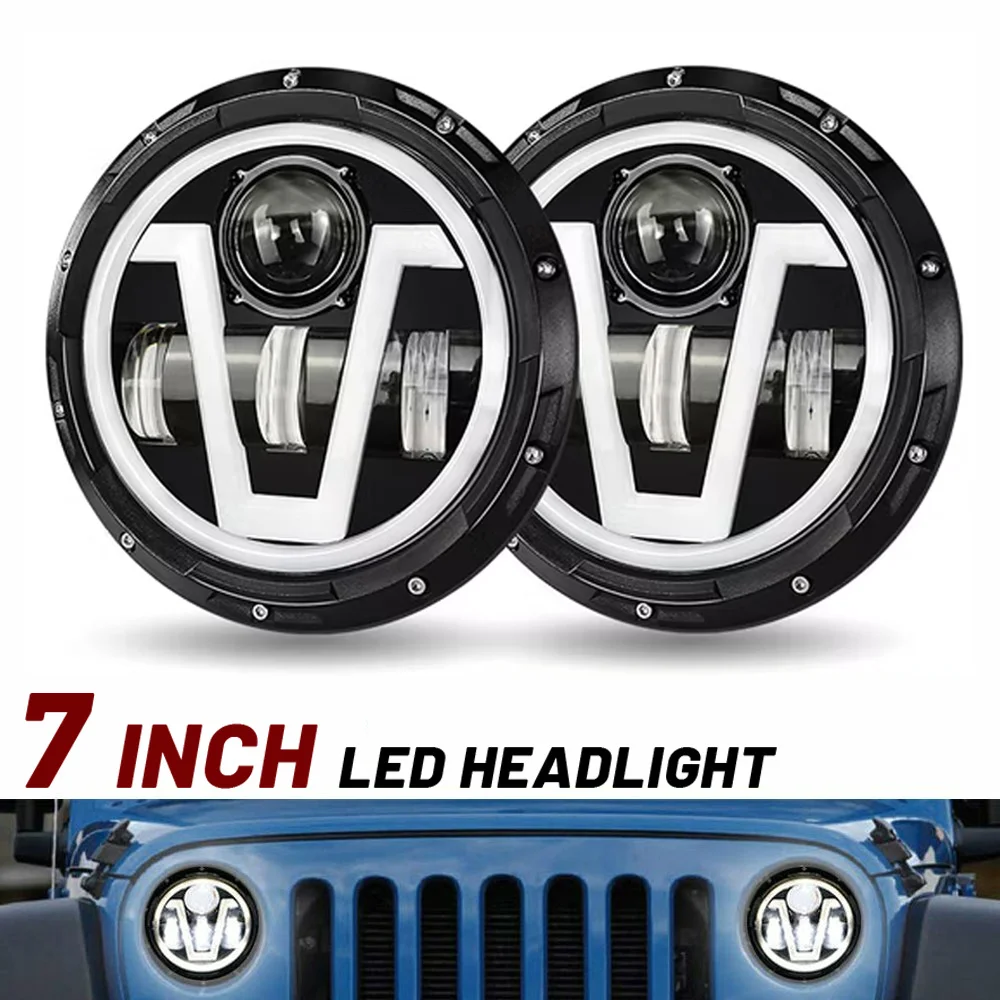 

7" Round LED Headlights Halo Headlamp DRL & Amber Turn Signal Lights High/Low Beam Compatible with Jeep Wrangler JK LJ CJ Hummer