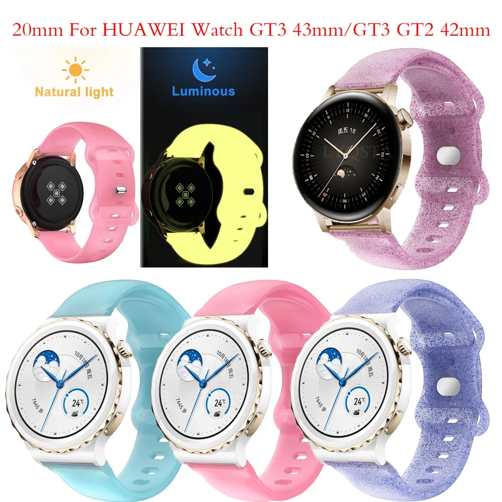 20mm Luminous Glow silikonowy zespół dla Huawei zegarek GT 3 GT3 Pro 43mm bransoletka pas dla Huawei GT2 42mm Honor Magic2 42mm pasek