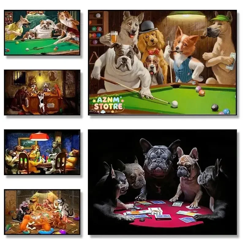 Abstract Funny Animal Dog Playing Poker Playing Billiard Canvas Painting Wall Art Pictures Posters Prints Living Room Home De