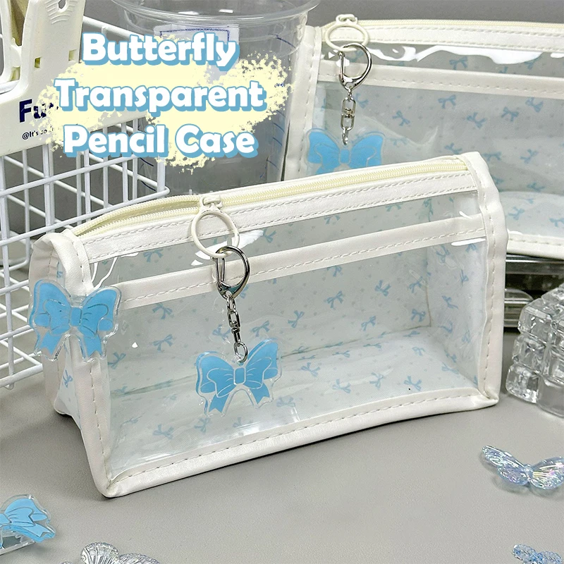 حقيبة أقلام رصاص مطبوعة على شكل فيونكة حلوة مقاومة للماء وشفافة بطبقة مزدوجة ذات سعة كبيرة حقيبة أدوات مكتبية مستلزمات مدرسية هدايا للطلاب