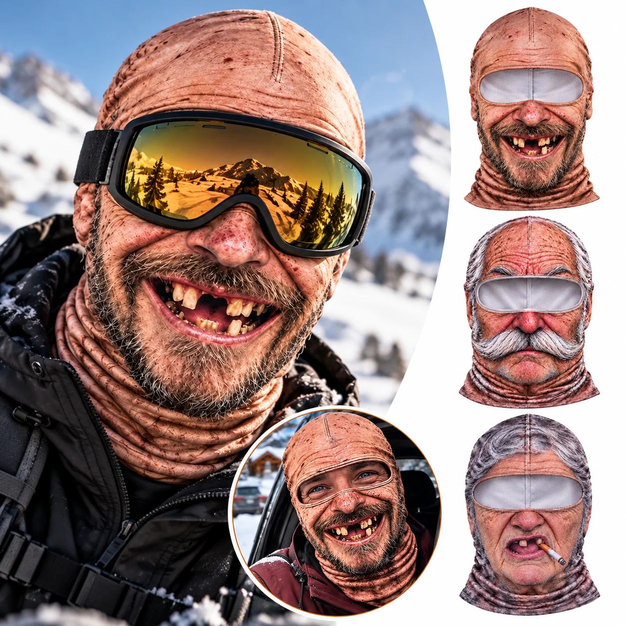 3D Face Printed Old Man Balaclava White Mustache Funny Ski Mask Full Coverage Breathable Eye Hole Stretch Face Mask For Men
