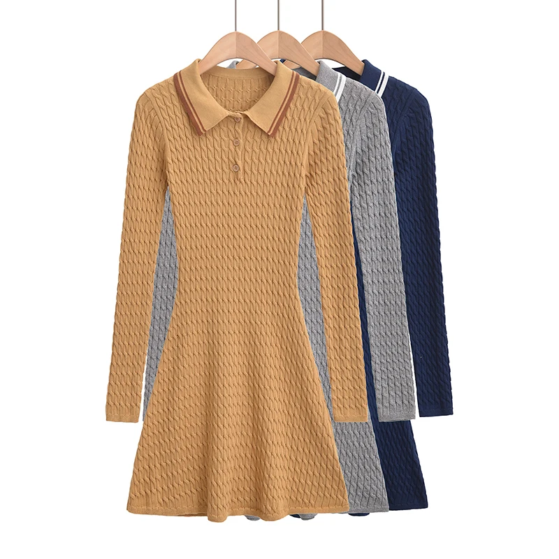 2024 Preppy Style POLO Collar Lapel Full Sleeve Knitted Twist Sweater Dress Women Skinny Slim Fit Low Waist A-lined Short Robe