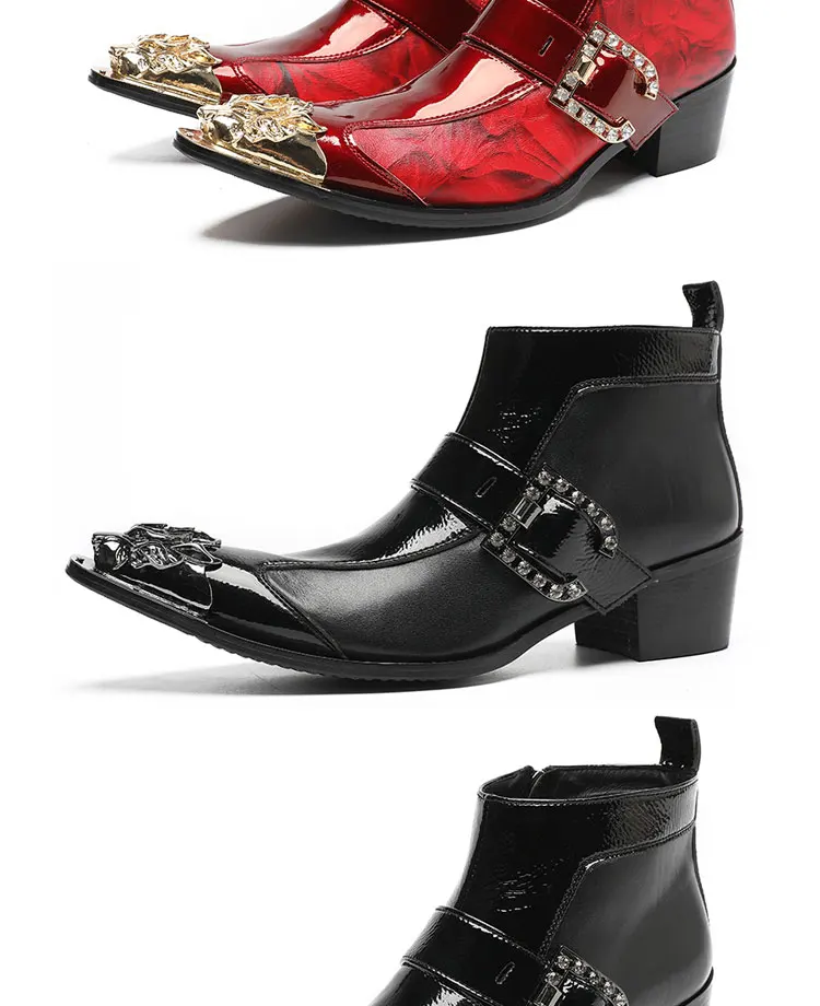 Frühlings-Herrenstiefel, rote Lederstiefel mit Nietenspitze, Modell, sozialer Kontakt, Erhöhung der Show, hochhackige Herrenstiefel aus Lackleder – Detail 11
