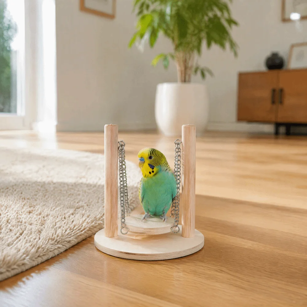 1 set of 6 Wood Bird Hanging Swing Round Plywood Base Metal Hanging Chains Bird Swing Toy Polished Surface Small Pet Swing