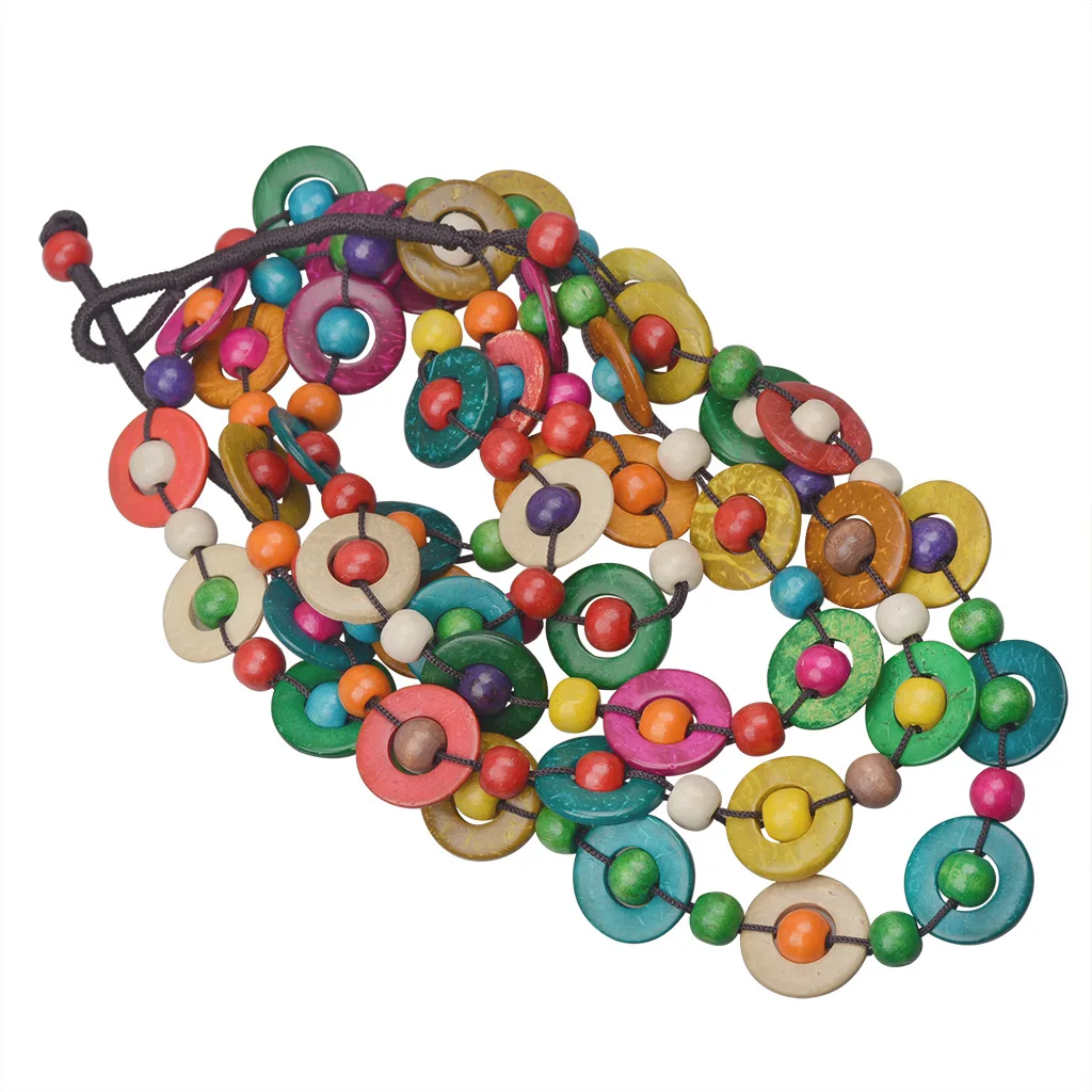 Ethnic Customs Handmade Multi Layer Color Wood Necklace & Pendant Bib Beads Jewelry Vintage Statement Jewelry