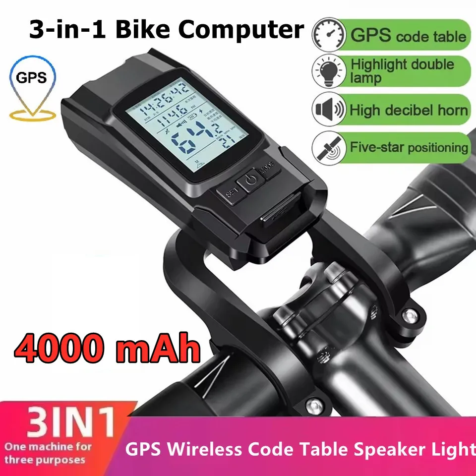 

GPS Bike Headlight Speedometer Horn 3 in 1 Multifunctional Rechargeable 4000mAh Bicycle Lamp Cycling Computer Bike Accessories