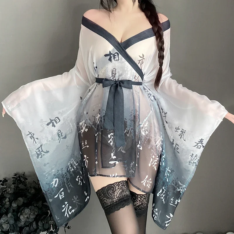 Japanese Kimono Pajamas Women Cosplay Sexy Lingerie Dress See Through Mesh Nightgown Perspective Bathrobe Nightwear Robe