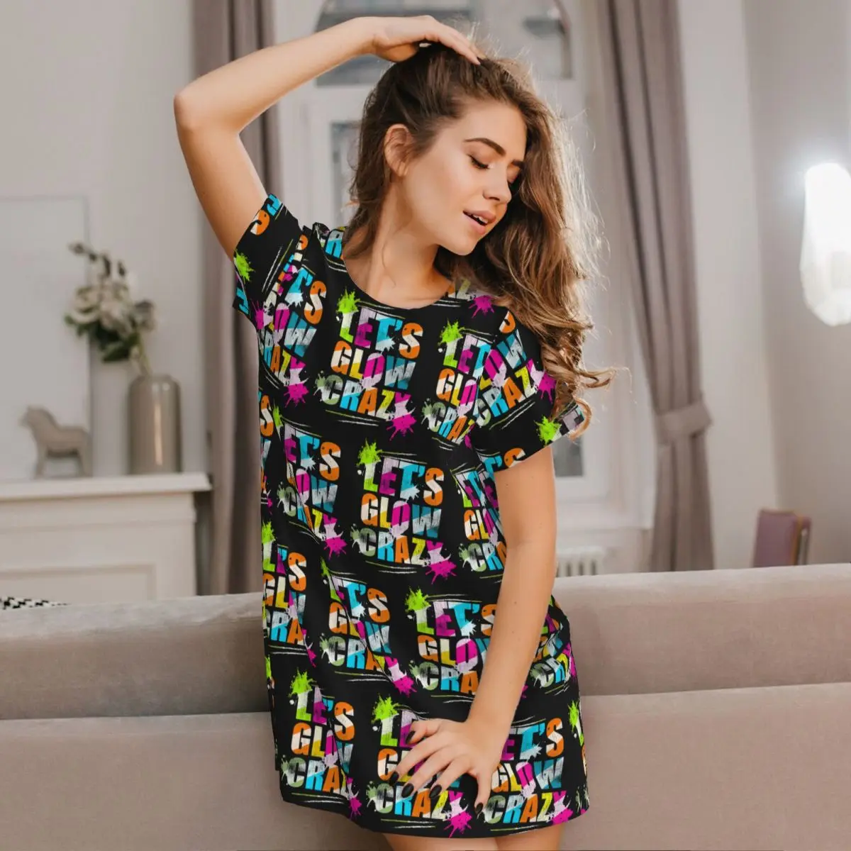 Custom Let's Glow Crazy Neon Party Light Rave Short Sleeves Nightdress For Sleeping Women Short Sleeve Nightgowns Pajama Dress
