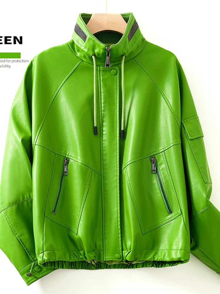 Faionable Real Leather Jaet Women's Loose Casual Biker Sle Autumn Winter eepskin Coat Trendy Zipper ort Length