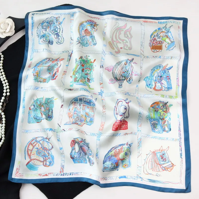 

Small Mulberry Silk Scarf Brand Designer Bandanas Shawls Hijab Scarves for Ladies Foulard Femme Lover Mother Gift 53CM Horse