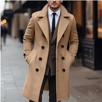Men's Long Double-Breasted Wool Blend Coat 3 Autumn Winter Men's Woolen Coats Business Casual Fashion Double Breasted Long Woolen Trench Male England Style Wool Blends Coat 3