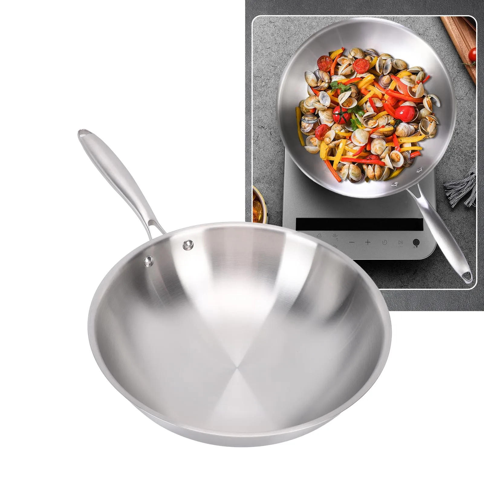 

Китайская сковорода-вок с ручкой, из нержавеющей стали 304, антипригарная, для жарки, подходит для индукционных, электрических и газовых плит.