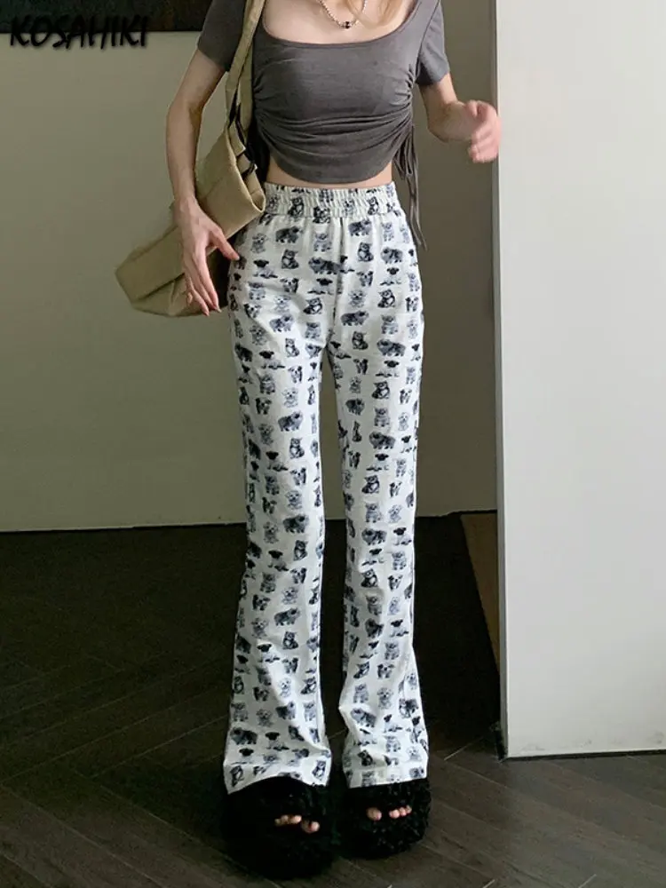 Y2k Aesthetic Casual Straight Dog Print Pants  Streetwear Fashion Vintage Slim Pantalon 2024 Summer Femme Womens Flare Trousers