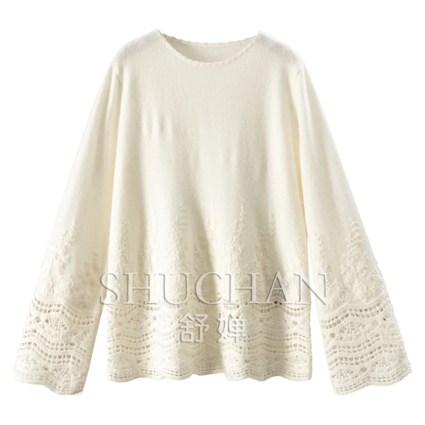 French Industry Hollow Pullover 230g Embroidery 100% Cashmere Crew Neck Long-sleeved Sweater Women 77W7