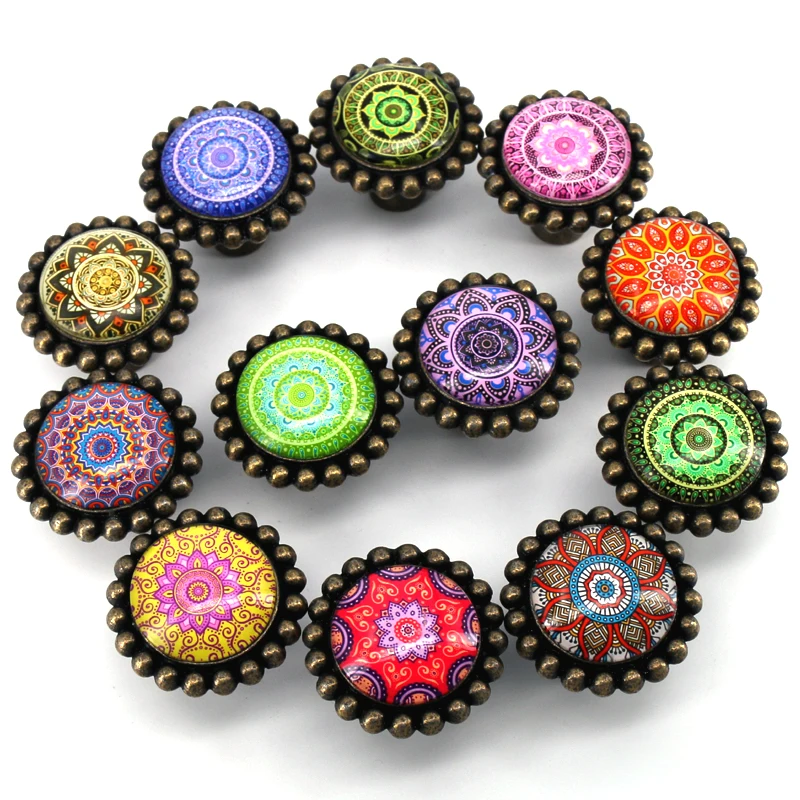 1x 42mm Vintage bronze drawer shoe cabinet knobs pulls Colorful glass crystal kitchen cabinet cupboard door handles