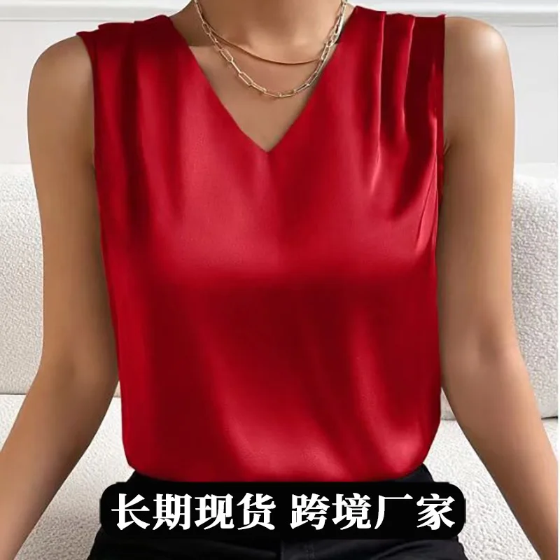 

2025 Women's Satin Satin Suit Cut Sleeves Temperament Commuter Vest Bottom Top Europe and America