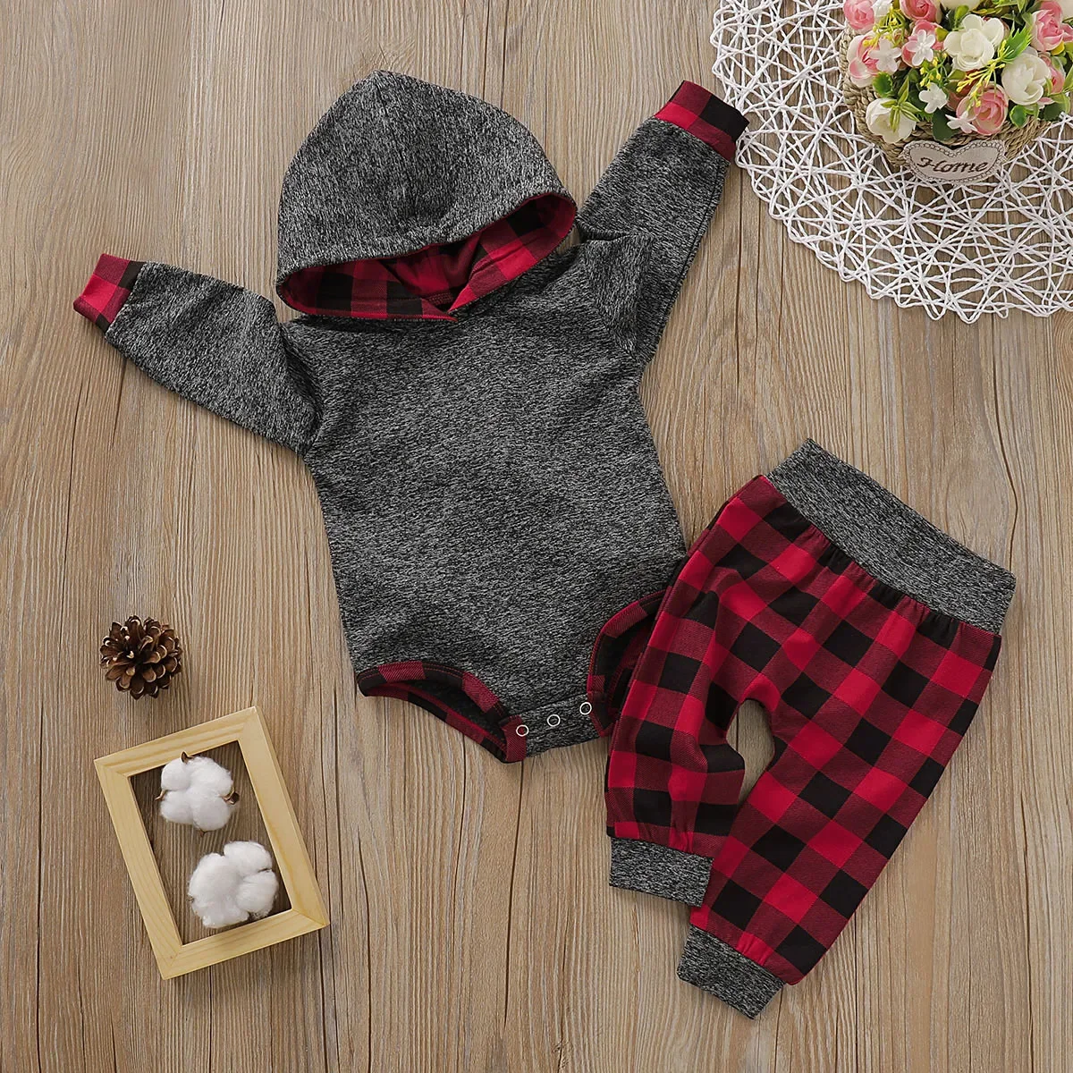 PatPat Baby Boy Trendy 2pcs Solid Long-sleeve Hooded Bodysuit and Plaid Print Pants Sets Baby Boy Clothes Set