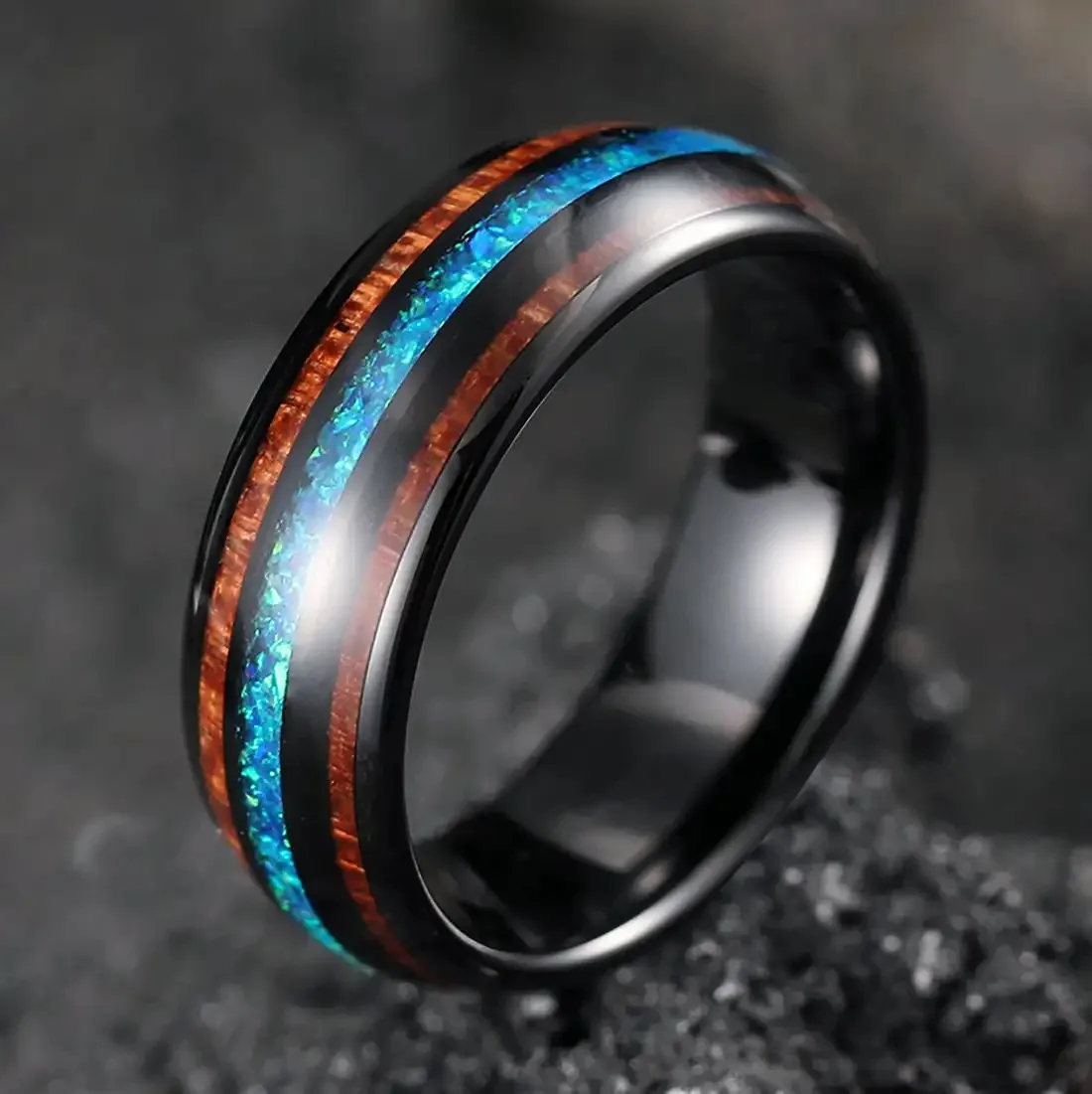 8MM Men Fashion Stainless steel Hawaiian Koa Wood Rings For Men WIth Blue Fire Opal Rings Men Wedding Band Jewelry Drop Shipping