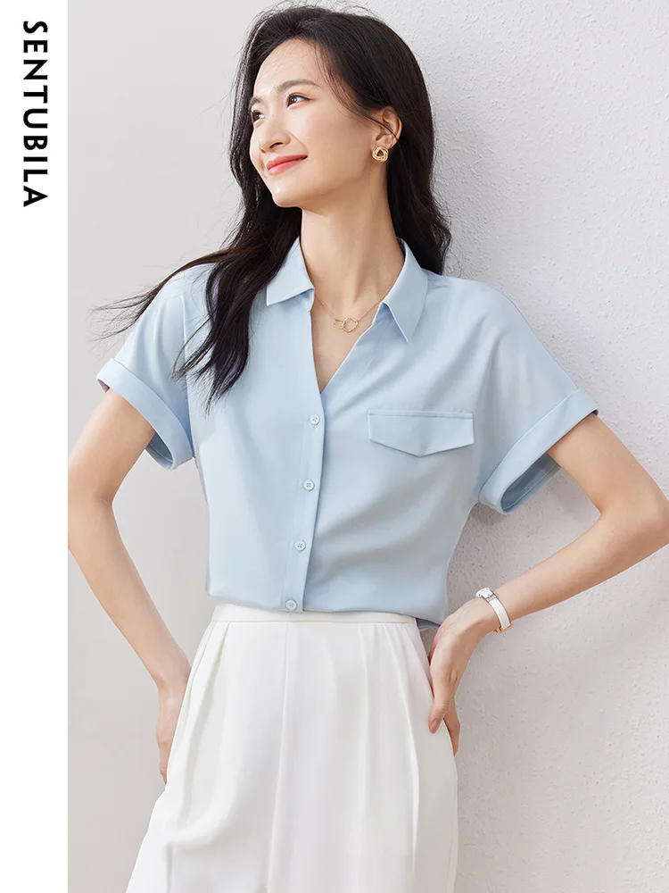 SENTUBILA 2024 Summer Button Up Business Lady Sweet Shirt Women's Short Sleeve Straight Blouse New Fake Pocket Design 132C49859