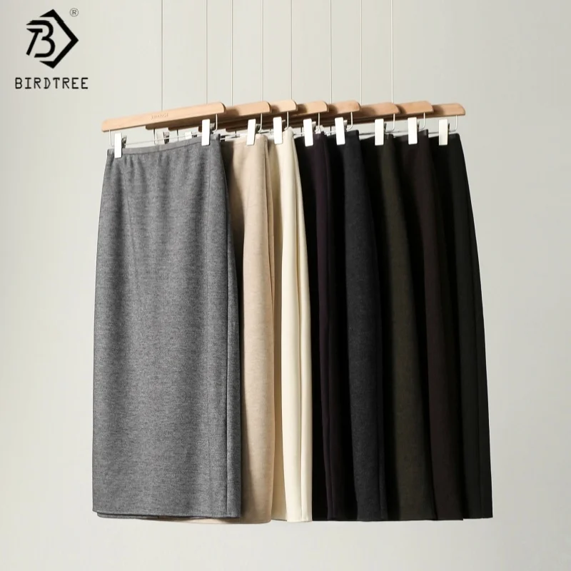 

Birdtree Cashmere Silk Blended Skirt For Woman,Elastic Waist Long Skirts,Rear Slit,Commuting Style,2025 Autumn Winter D5N418JF