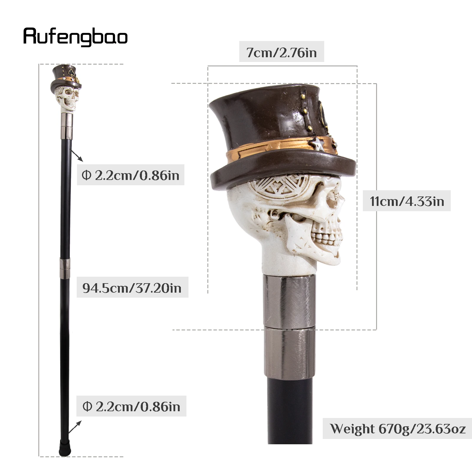 Black Hat Gear‌ Skull Head Walking Cane Fashion Cane Decorative Cane Halloween for Cosplay Parties, for Cosplay & Party 94cm