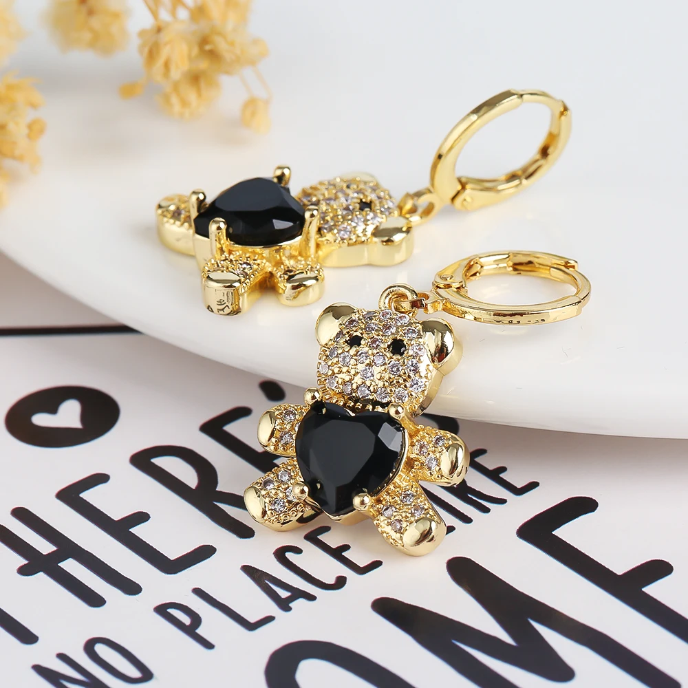 Hot Selling Teddy Bear Heart Crystal Animal Geometric Ear Clasp Cute Lady Fashion Jewelry 18K Gold Plated High Quality Earrings