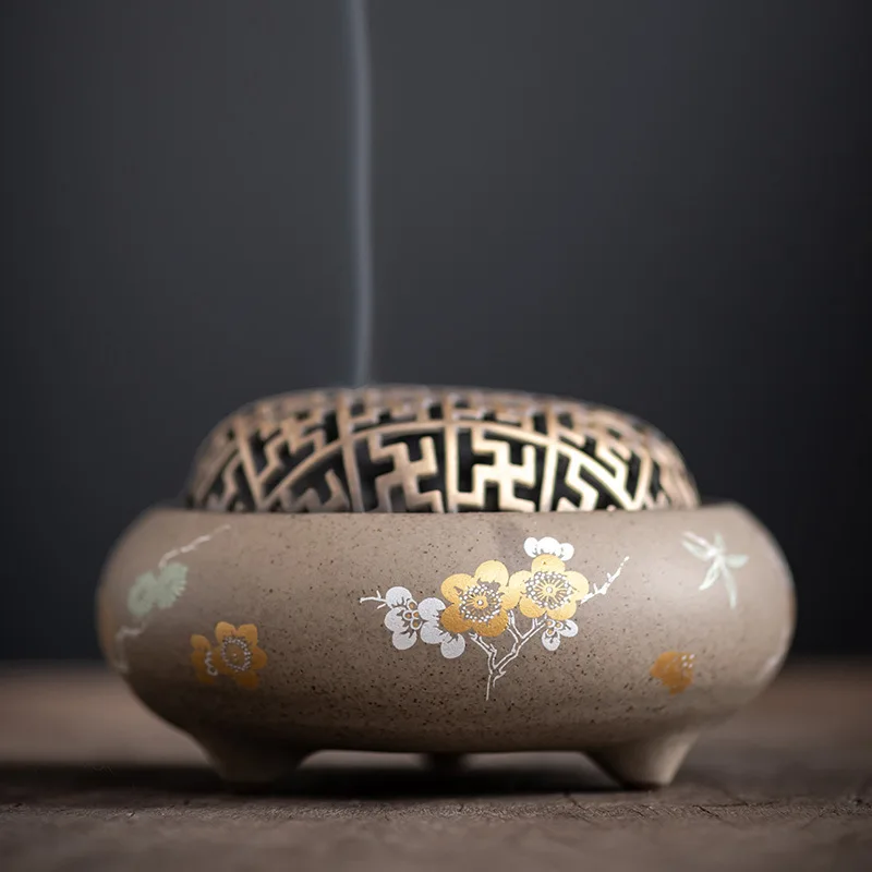 Plum Blossom Three-legged Incense Burner Indoor Ceramic Censer Zen Aroma Burner Agarwood Sandalwood Home Decor Gift Ornament
