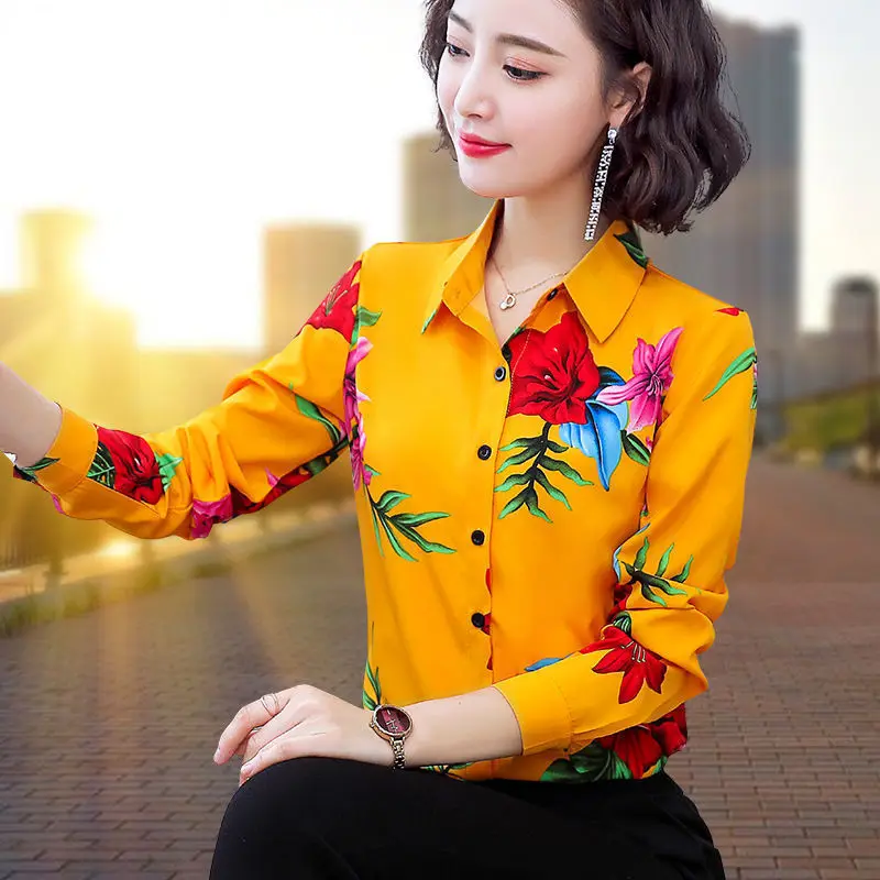 Vintage Printed Button Asymmetrical Shirts Women\'s Clothing 2023 Autumn Winter New Loose All-match Tops Office Lady Blouses