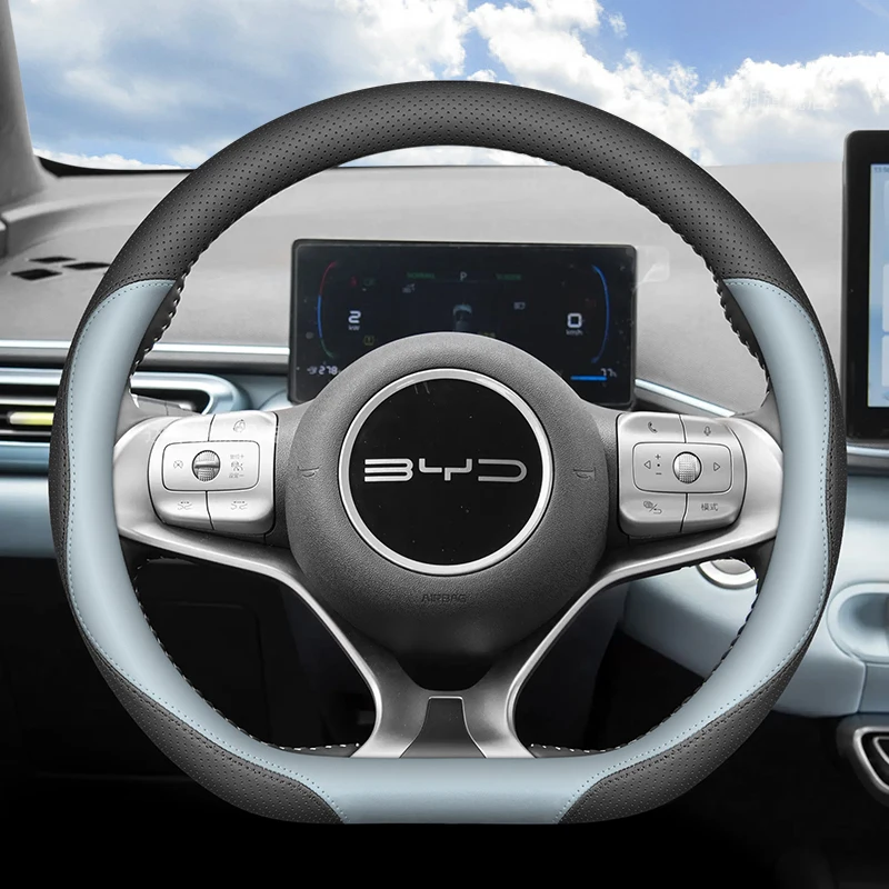 For BYD Seagull Dolphin Nappa Leather Steering Wheel Cover Non-slip Durable Four Season Universal Car Interior Accessories