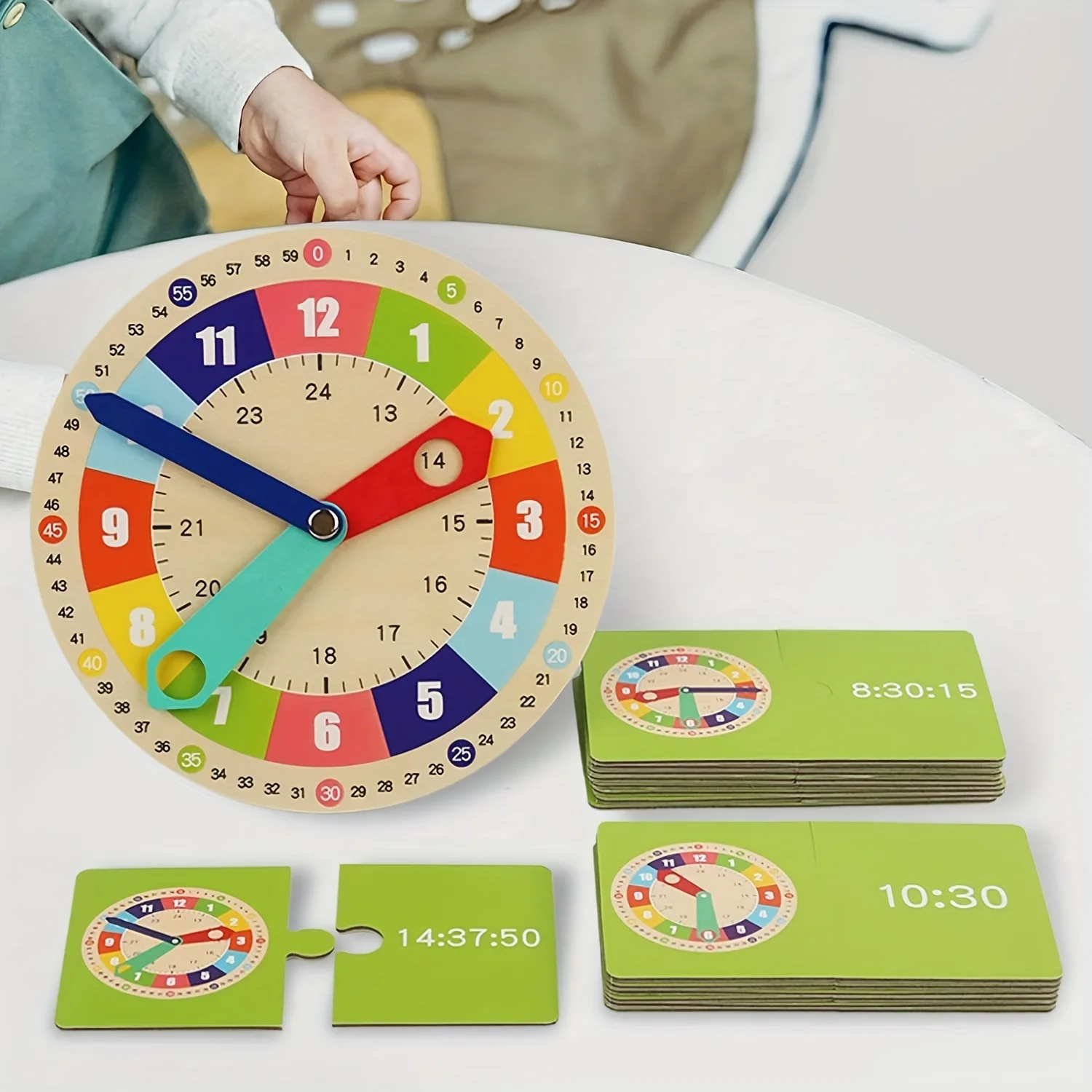 Wooden Clock Model Teaching Aid Montessori Learning Clocks with Cards Kindergartner Toy for Game Interaction Playroom Wall