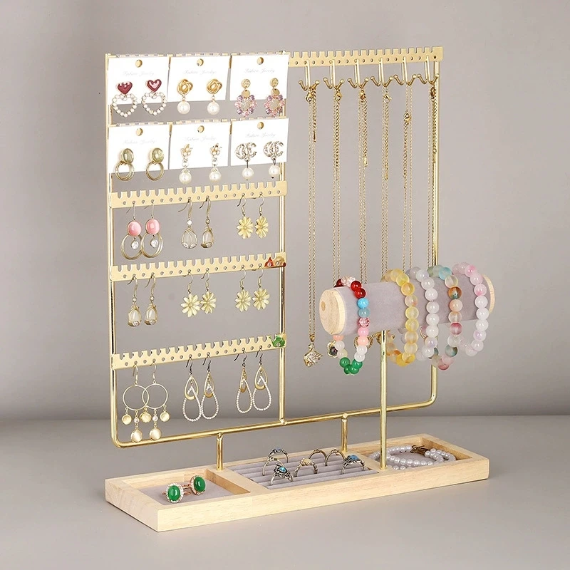 Jewelry Display Rack Earrings Ring Necklace Watch Jewelry Shelf Organizer Bracelet Stand Holder Hooks Storage with Jewelry Tray