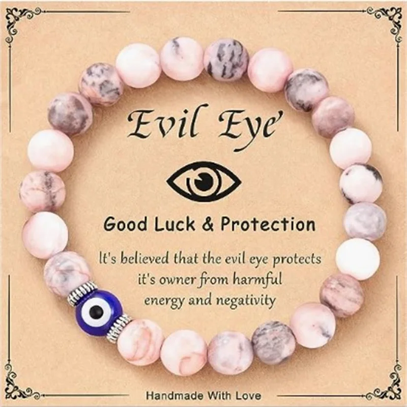 Evil Eye Pink Zebra Jasper Beaded Bracelet, Healing Stone Protection Bracelet, Handmade Good Luck Jewelry Gift for Women
