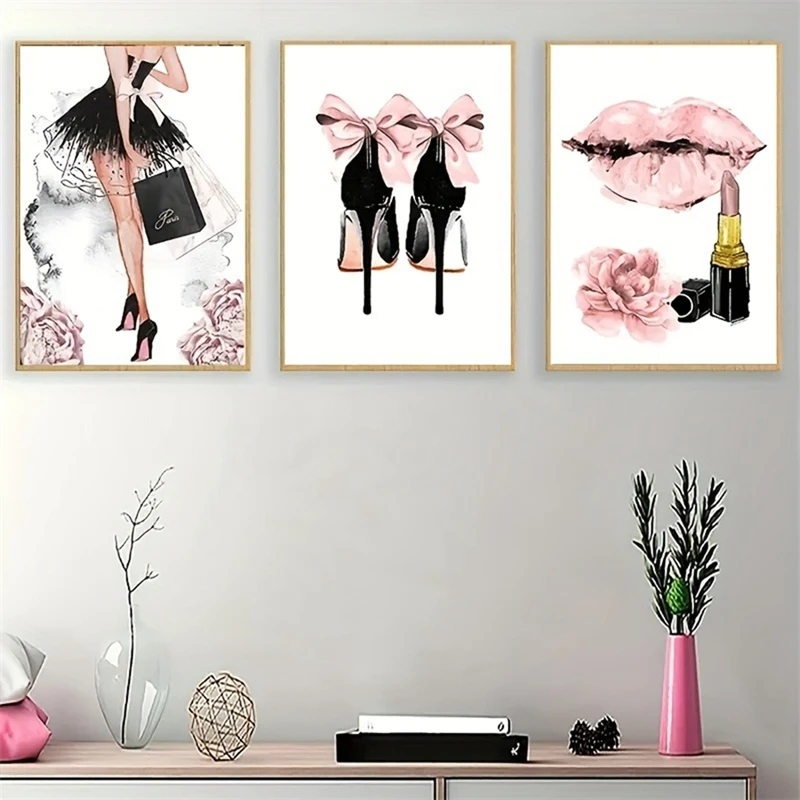 3pcs Frameless Canvas Painting Modern Simple Wall Art Fashion High Heel Lipstick Watercolor Pink Bow Poster Room Decor Aesthetic