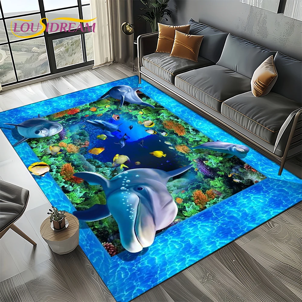 Underwater World 3D Illusion Seabed Cartoon Shark Dolphin Carpet Rug for Living Room Bedroom Home Sofa Decoration,Floor Mat Kid