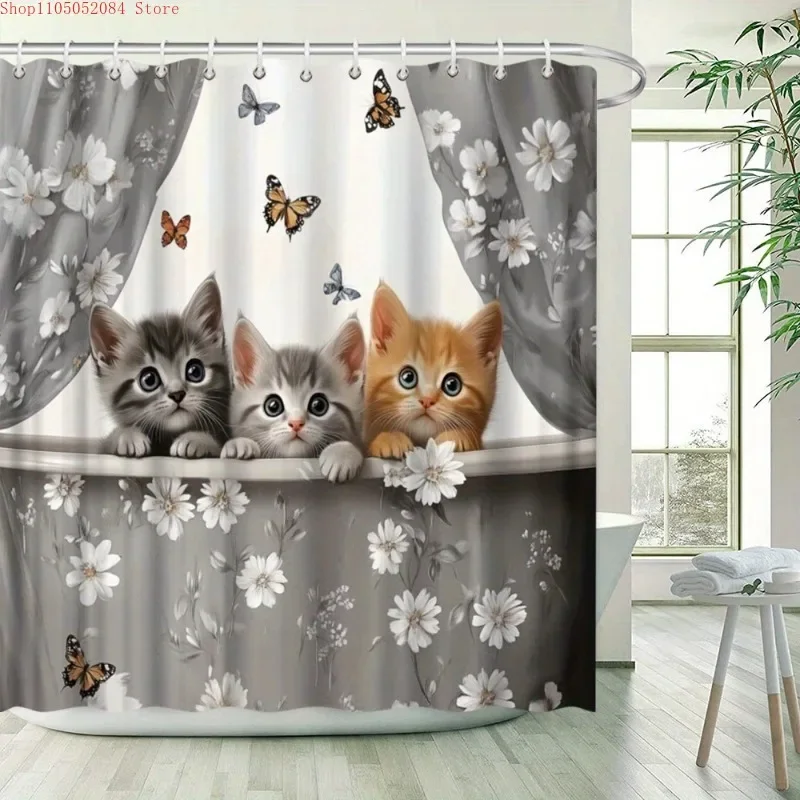 1pc adorable cats shower curtain polyester fabric watercolor  -   With Hooks Waterproof Mildew Proof Easy Install Washable