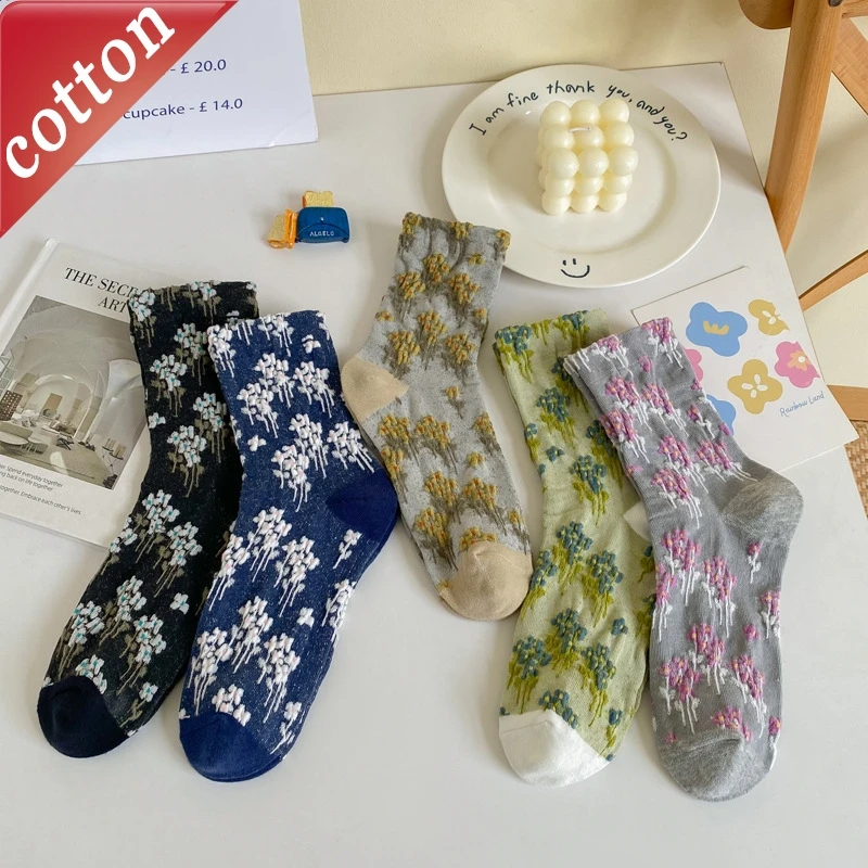 女性の靴下フランスヴィンテージ油絵高品質快適な通気性のある綿の靴下女の子のためのエンボス加工花柄甘い多用途 1
