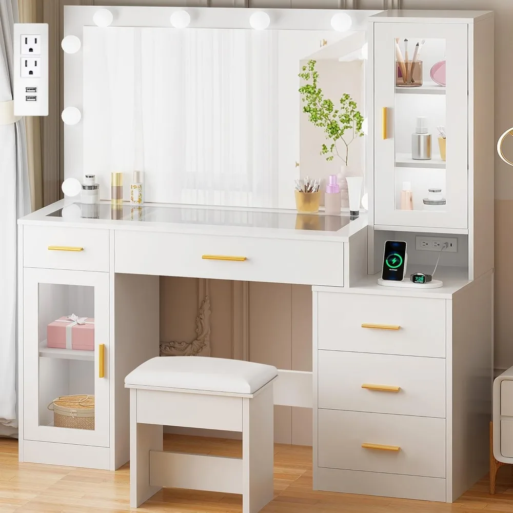 

49.2" Large Vanity Desk with Mirror and Lights,White Makeup Vanity Table with Glass Top,Stool,Makeup Desk with Power Outlet,5 D