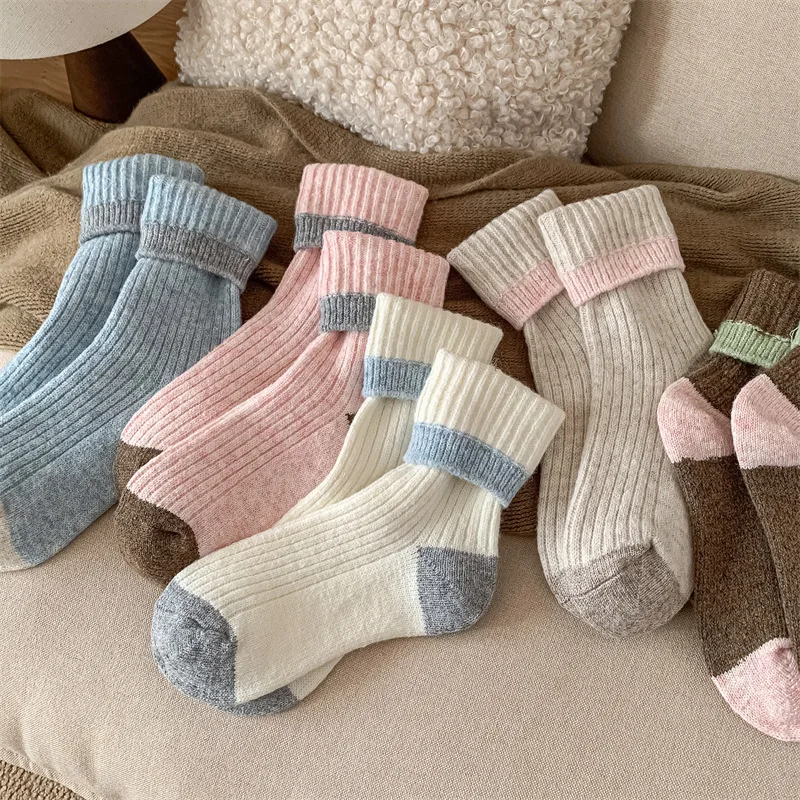 

Японские шерстяные носки с цветными блоками, термоштабелируемые носки для экипажа с мраморной вязкой, осенне-зимние носки в стиле ретро для обуви Birkenstock