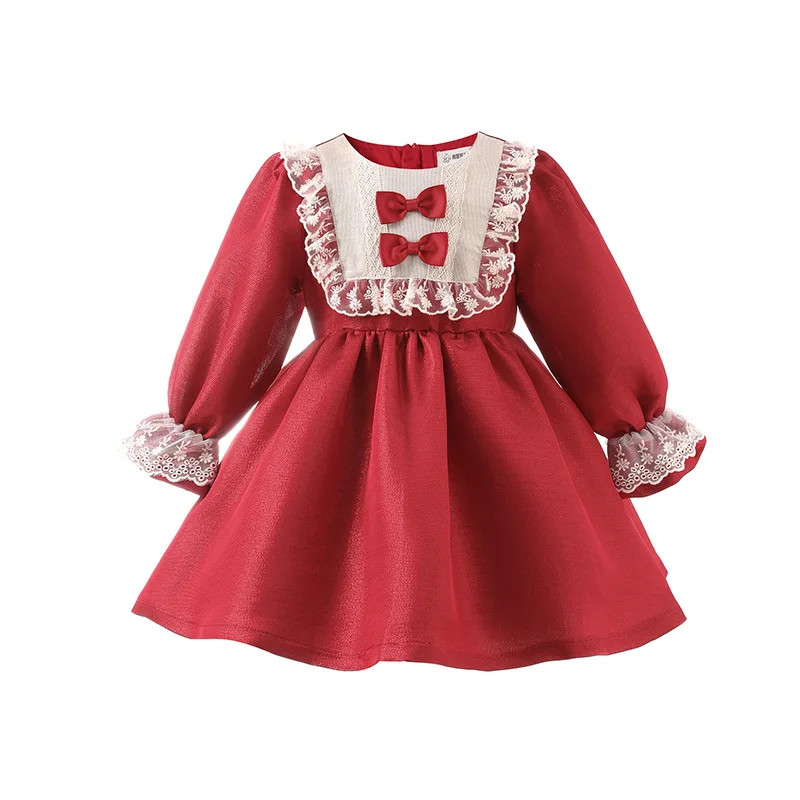 

HoneyCherry Autumn New Girls Lolita Dress Red Bow Lace Lace Princess Skirt Flower Girl Dresses for Weddings