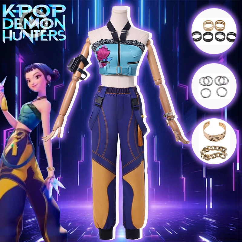 

Zoey Cosplay Costume Anime Movie KPop Demon Hunters Uniform Huntrix Rings Earrings Bag Halloween Party Women Girls Prop
