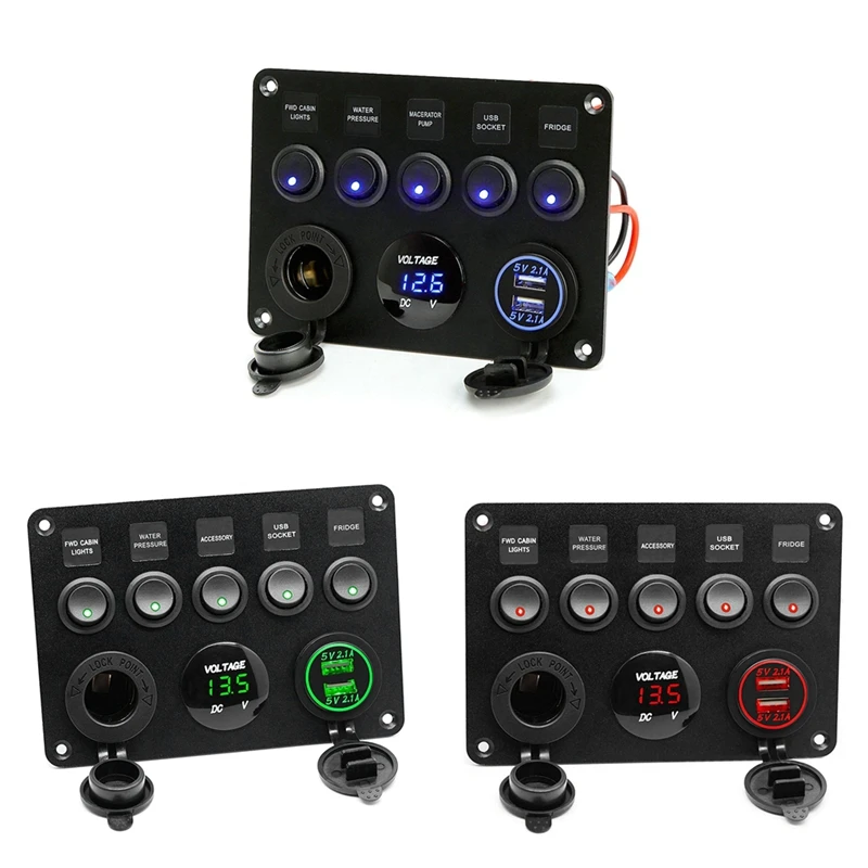 Boat Switch Panel Car Switch Panel Multi-Functions Panel Dual USB Port Outlet Combination Switch Panel Marine LED Rocker Green