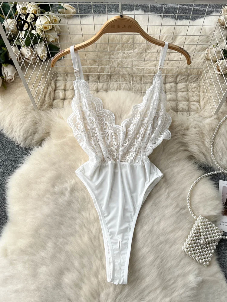 

SINGREINY Sleeveless Camis Sexy Lace Bodysuits Women Backless Slim Lingerie Sheer Rompers Summer Night Club Erotic Playsuits