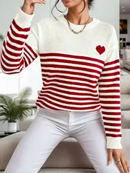 Women Striped Knit Love Heart Long Sleeve Base Layer Casual Loose Fit Sweater for Autumn & Winter