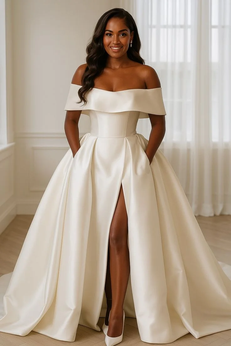 

Off-the-Shoulder Satin Plus Size Dress Gown Wedding Dress High Slit A-Line Pockets Elegant Formal Evening Dress for Women