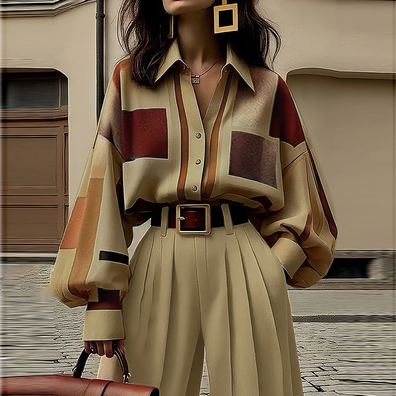 Modigirl إنجلترا خمر التباين اللون منقوشة التلبيب البلوزات والقمصان 2025 ربيع الخريف طويلة الأكمام فضفاضة زرر بلوزات أنيقة