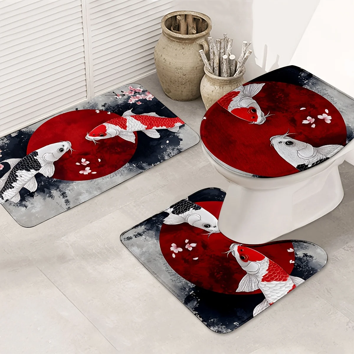 Oriental Black and Red Koi Bathroom Set - Anti Pulley Profile Mat, Toilet Lid, and Bath Mat for Elegant Home Decor