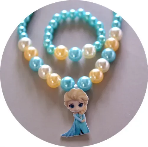 2pcs New Disney Children's Necklace Bracelet Set Frozen Princess Jewelry Pearl Cartoon Two-piece set doll toys