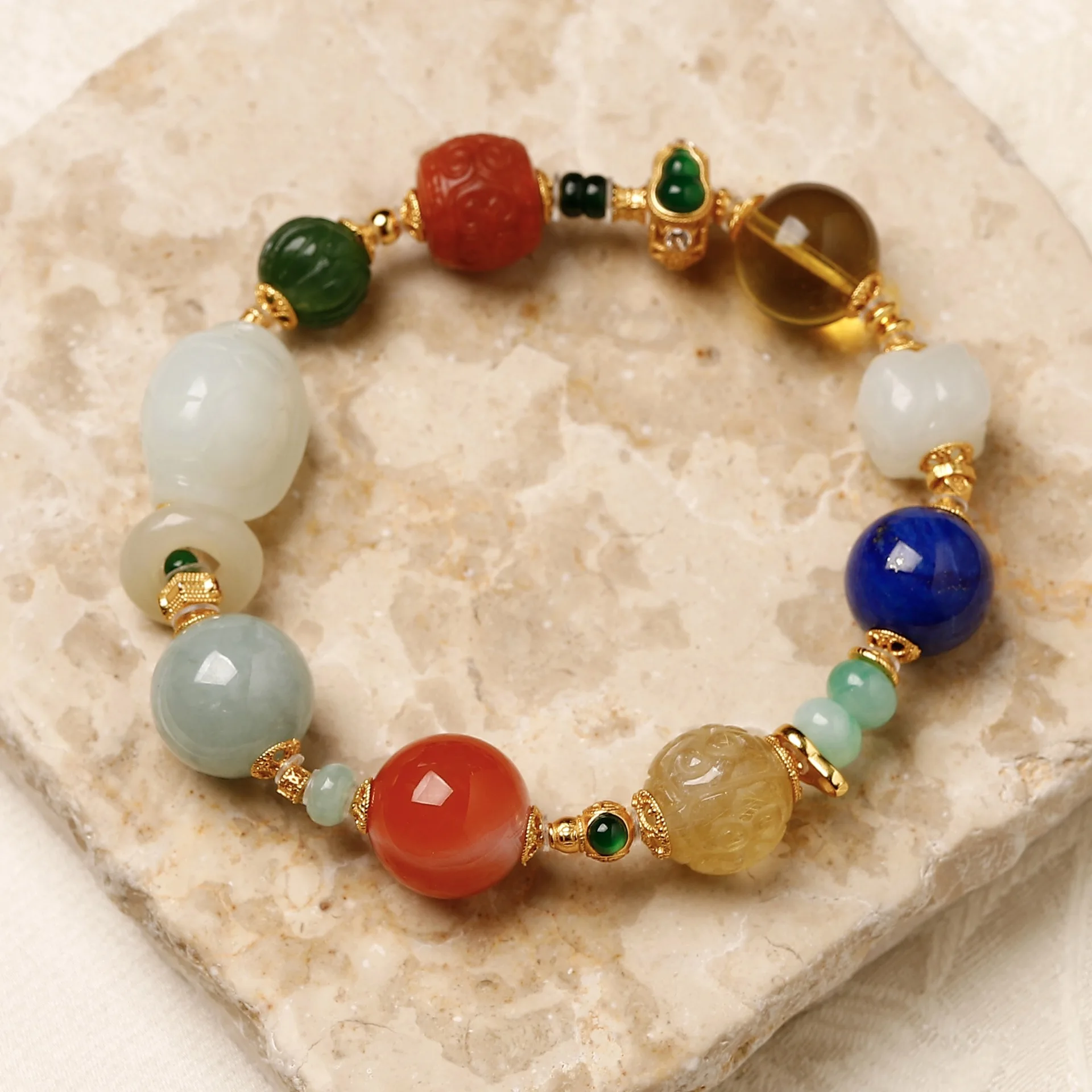 Natural Colorful Multi Gemstone Bracelet, Hetian Jade Turtle Shell, Jadeite Abacus Bead & Gourd, S925 Silver Fittings
