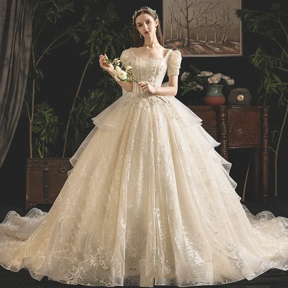 

Customized 2026 Luxurious A-Line Chiffon Applique Princess Wedding Dress With Sexy Square Neckline Backless New Bridal Gown